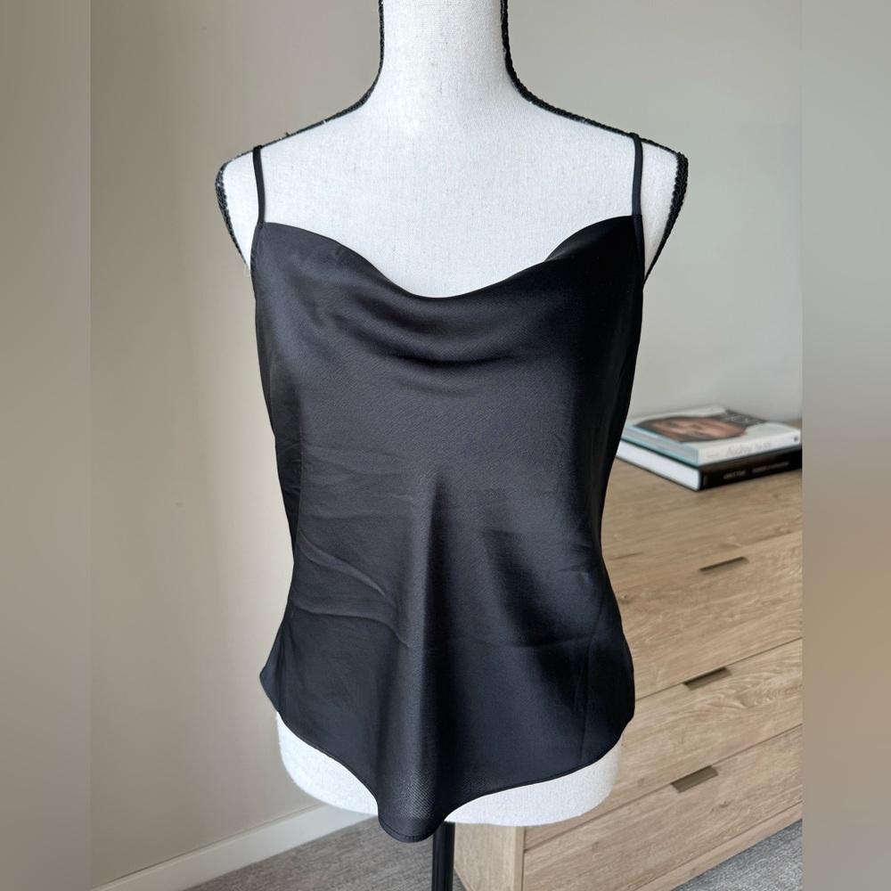 Express Black Satin Cowl Neck Top with Rhinestone Chain Back! Never Worn!